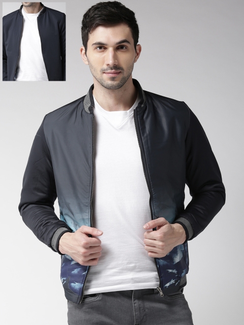 

Fort Collins Men Navy Blue Printed Reversible Bomber Jacket