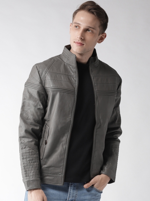 

Fort Collins Men Grey Solid Biker Jacket