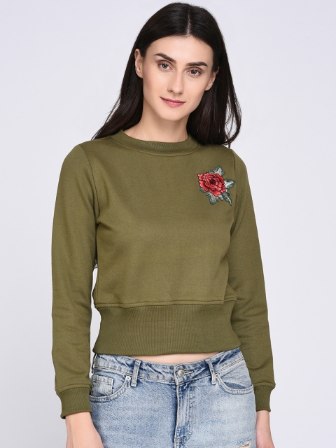 

Rigo Women Olive Green Solid Crop Sweatshirt