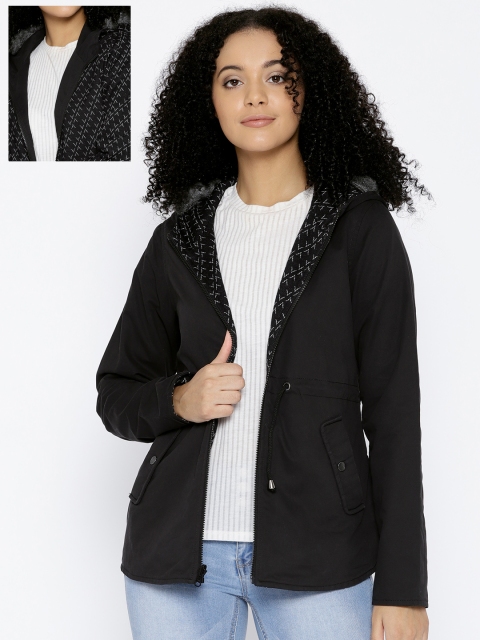 

Trufit Women Black Solid Hooded Reversible Parka Jacket