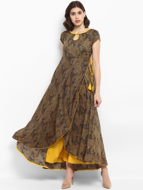 

MBE Women Yellow Printed Fit and Flare Dress
