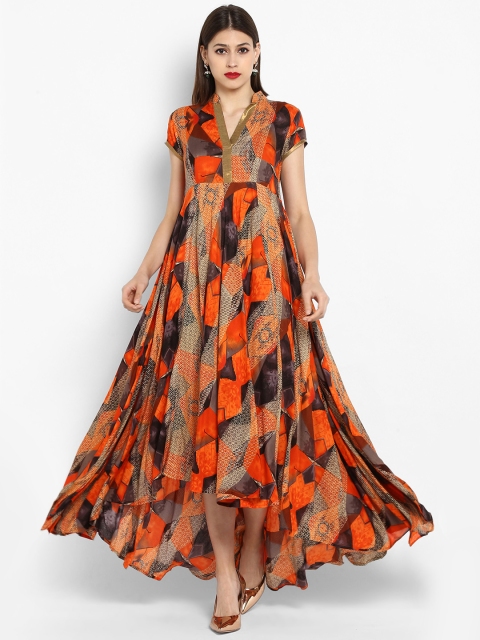

MBE Women Orange Printed Maxi Dress