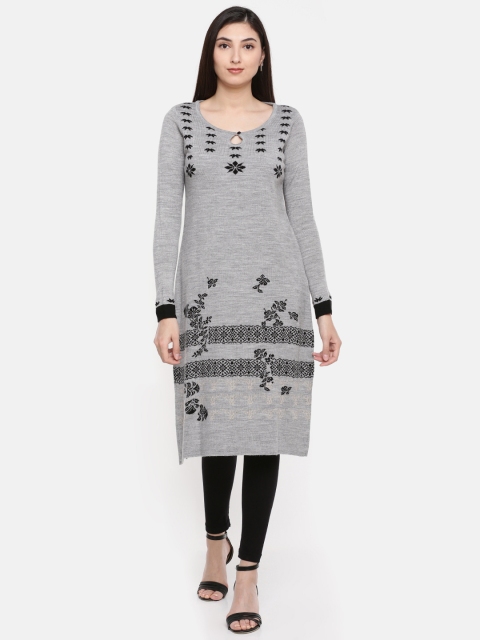 

Melange by Lifestyle Women Grey Melange & Black Woven Design Straight Kurta
