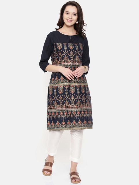 

Melange by Lifestyle Women Navy Blue Printed Straight Kurta