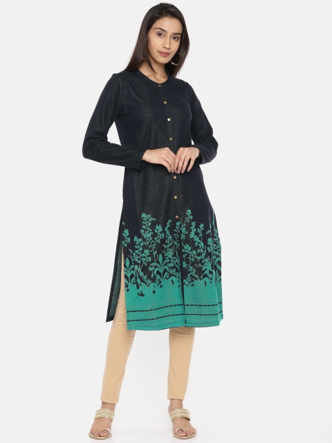 

Melange by Lifestyle Women Navy Blue & Teal Printed Straight Kurta