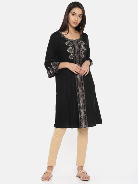 

Melange by Lifestyle Women Black Embroidered Straight Kurta