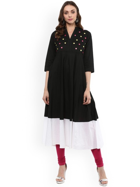 

MBE Women Black & White Embroidered A-Line Kurta