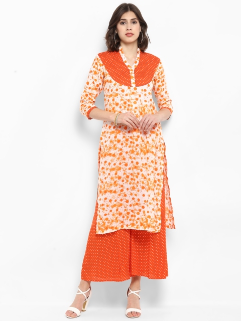 

MBE Women Orange & Off-White Printed Kurta with Palazzos