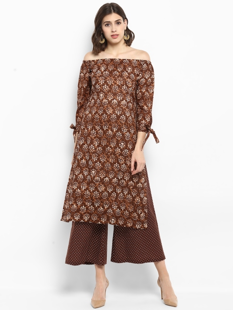 

MBE Women Brown & Off-White Printed Kurta with Palazzos