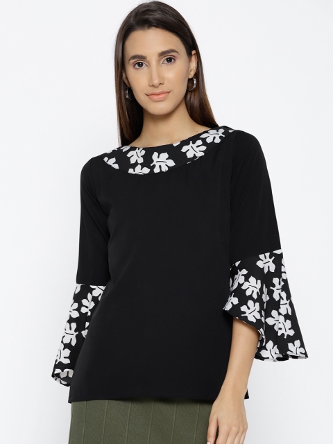 

Cottinfab Women Black & Off-White Solid Top