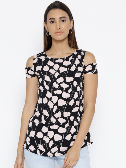 

Cottinfab Women Black & Peach-Coloured Printed Cold-Shoulder Top