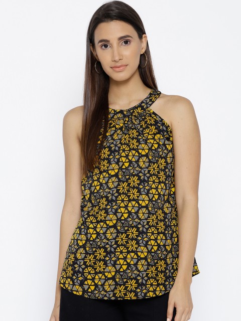 

Cottinfab Women Mustard Yellow & Grey Printed Top
