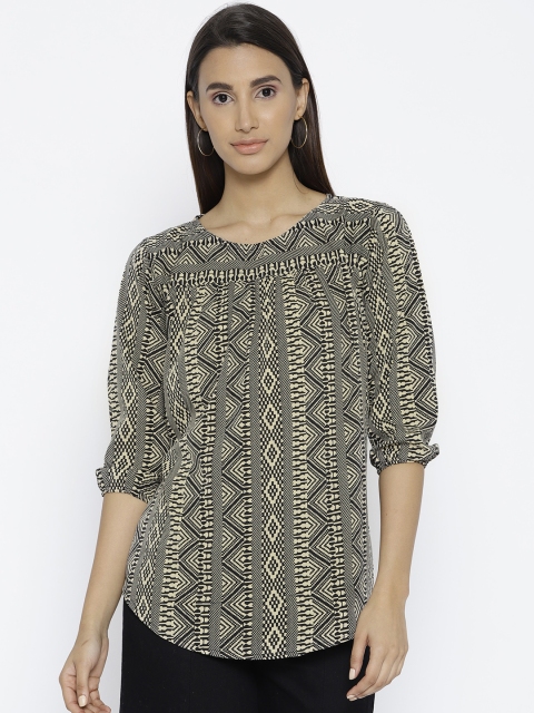 

Cottinfab Women Beige & Black Printed Top