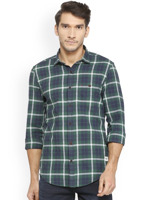 

Peter England Casuals Men Green & Navy Blue Slim Fit Checked Casual Shirt