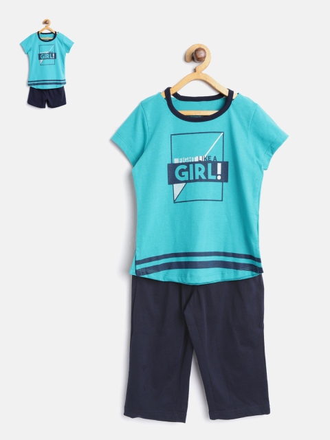 

Sweet Dreams Girls Teal Green & Navy Blue Printed Night Suit 631578