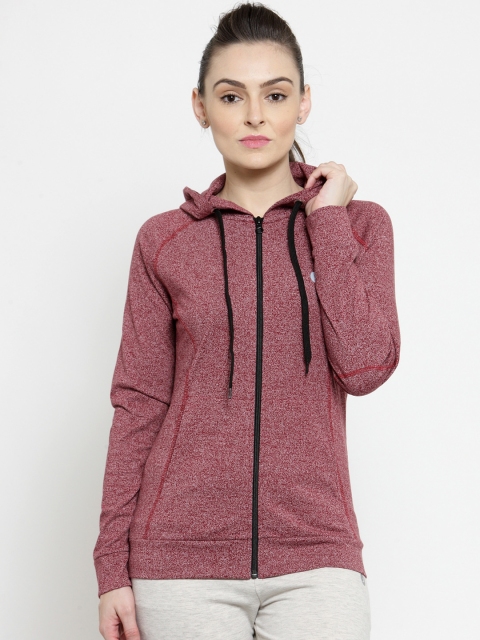 

BUKKUM Women Maroon Solid Hooded Sweatshirt