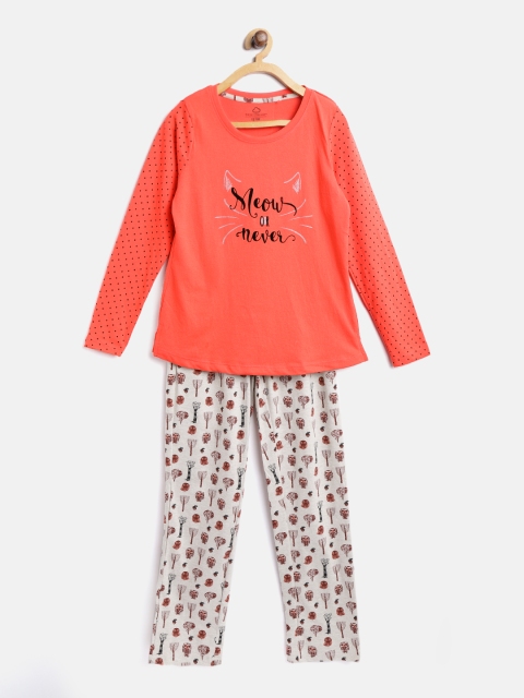 

Sweet Dreams Girls Coral & Cream-Coloured Printed Night suit