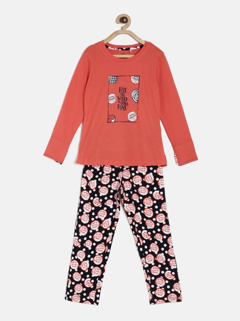 

Sweet Dreams Girls Coral & Navy Blue Printed Night suit