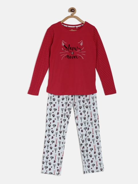 

Sweet Dreams Girls Red & Off-White Printed Night suit