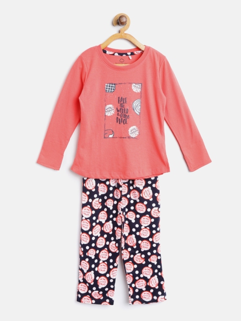 

Sweet Dreams Girls Coral & Navy Blue Printed Night suit 622678