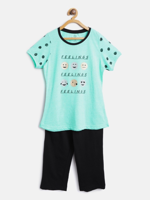 

Sweet Dreams Girls Sea Green & Black Printed Night suit 632978-LT