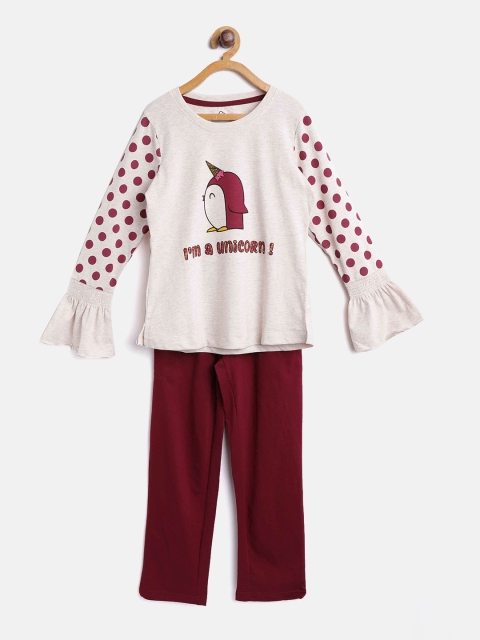 

Sweet Dreams Girls Off-White & Maroon Printed Night Suit 621378