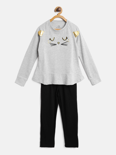 

Sweet Dreams Girls Grey Melange & Black Printed Night suit 620678