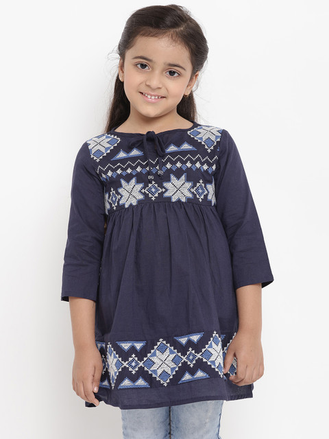 

Bitiya by Bhama Girls Navy Blue Self Design A-Line Top