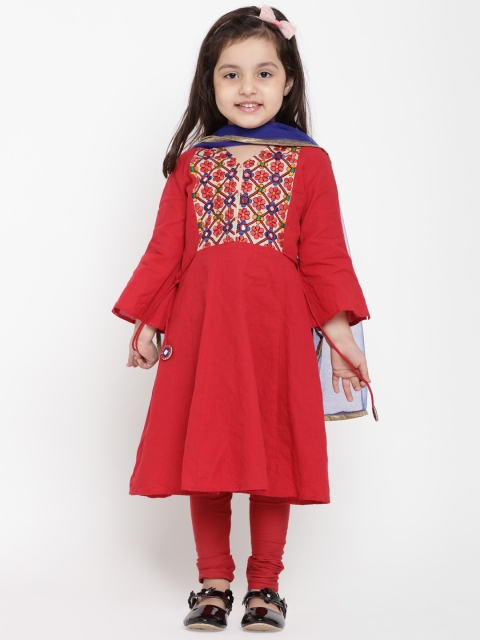 

Bitiya by Bhama Girls Red & Blue Embroidered Kurti with Churidar & Dupatta