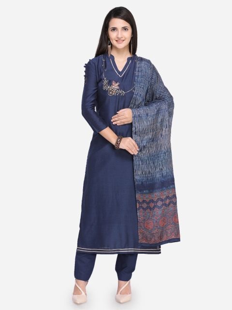 

Rajnandini Navy Blue Cotton Blend Unstitched Dress Material