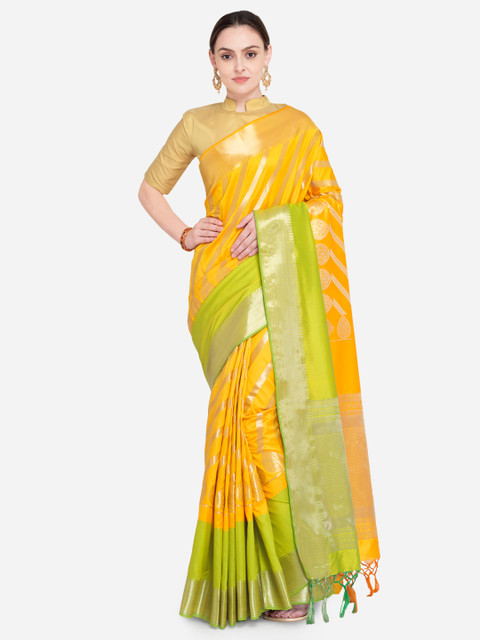 

Varkala Silk Sarees Mustard Yellow Silk Blend Woven Design Leheriya Saree