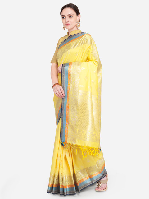 

Varkala Silk Sarees Yellow Silk Blend Woven Design Banarasi Saree