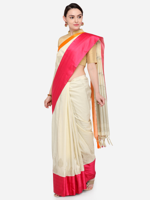 

Varkala Silk Sarees Cream-Coloured & Red Silk Blend Woven Design Banarasi Saree
