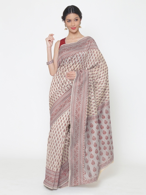 

Chhabra 555 Beige & Red Art Silk Woven Design Chanderi Saree