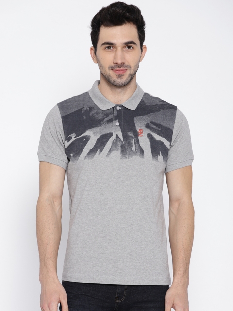 

Pepe Jeans Men Grey Melange Navy Blue Printed Polo Collar Pure Cotton T-shirt
