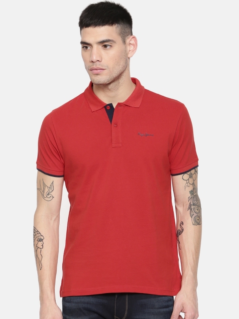 

Pepe Jeans Men Red Solid Polo Collar Pure Cotton T-shirt
