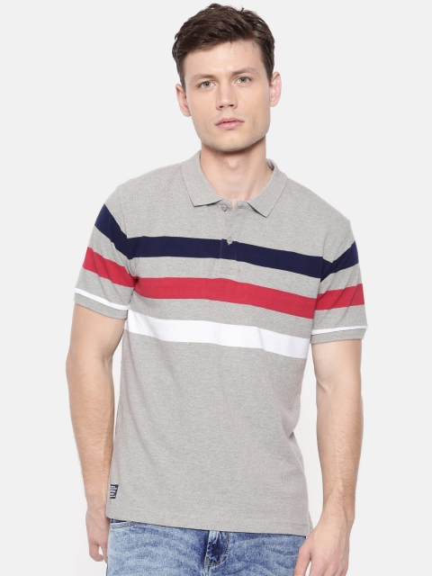 

Pepe Jeans Men Grey Maroon Striped Polo Collar Pure Cotton T-shirt