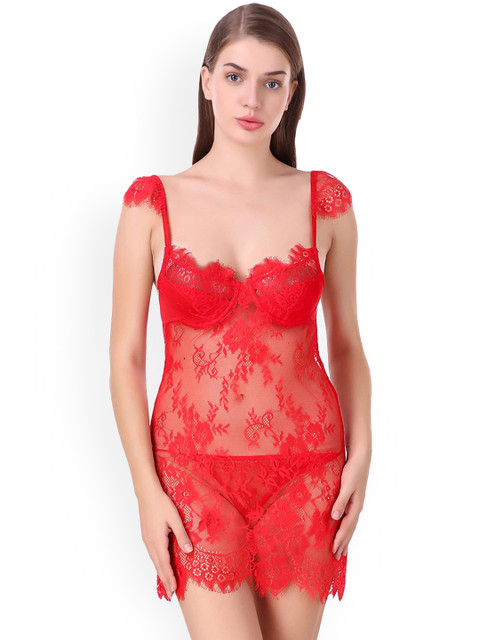 

Fasense Red Self Design Net Baby Doll With Thongs WE019C2