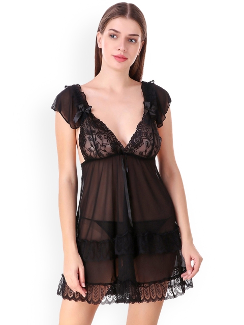 

Fasense Black Self Design Net Baby Doll With Thongs WE030B2