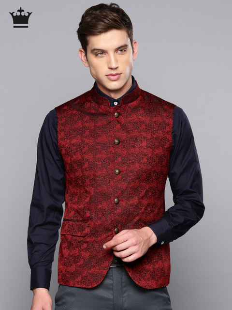 

Louis Philippe Men Red & Black Slim Fit Self-Design Nehru Jacket