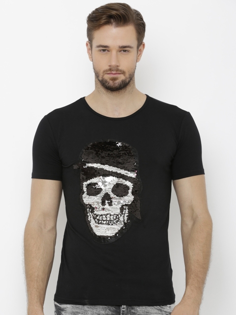 

Rex Straut Jeans Men Black Self Designed Round Neck T-shirt