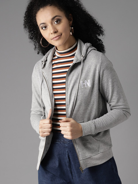 

HERE&NOW Women Grey Melange Solid Hooded Sweatshirt