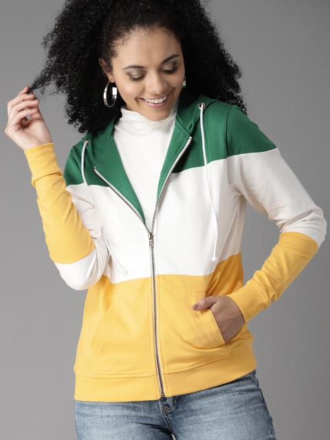 

HERE&NOW Women Yellow & White Colourblocked Hooded Sweatshirt