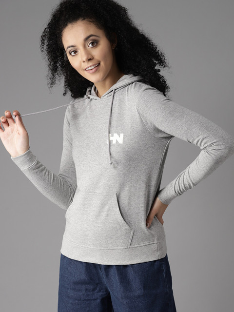 

HERE&NOW Women Grey Melange Solid Hooded Sweatshirt