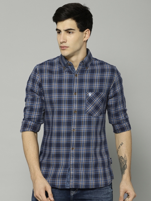 

French Connection Men Blue & Rust Brown Slim Fit Checked Casual Shirt