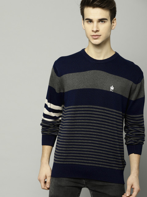 

French Connection Men Navy & Grey Striped Pullover, Navy blue