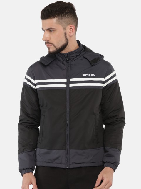 

French Connection Men Black & Navy Blue Colourblocked Hooded Padded Jacket