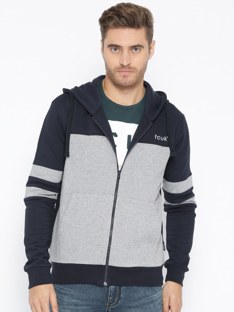 

French Connection Men Grey Melange & Navy Blue Colourblocked Hooded Sweatshirt