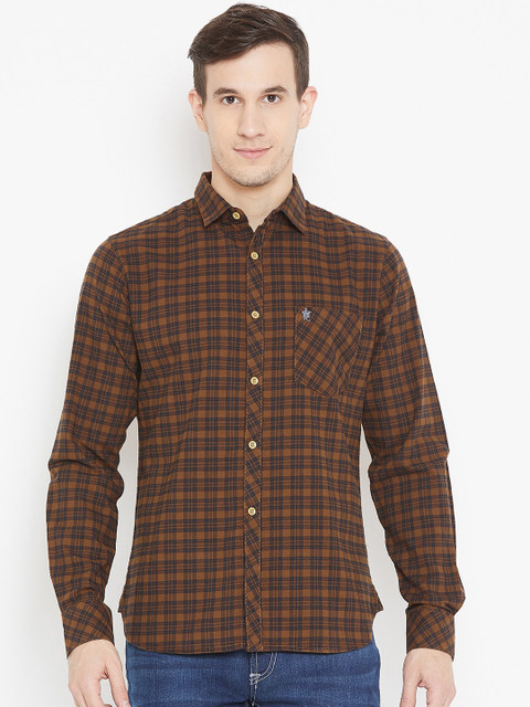 

French Connection Men Brown & Navy Blue Slim Fit Checked Casual Shirt