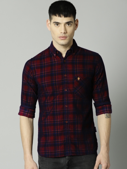 

French Connection Men Navy Blue & Maroon Slim Fit Checked Casual Shirt